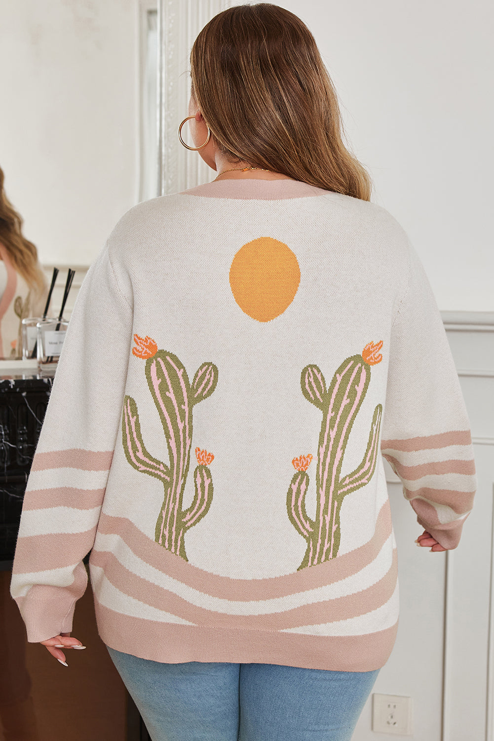Apricot Desert Cactus Print Plus Size Cardigan Sweater Dear-Lover Dropshipping